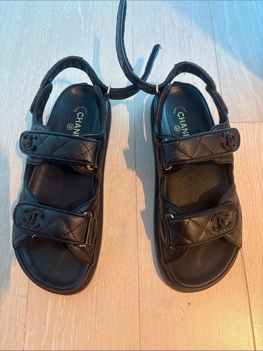 Black Quilted Leather Kids Velcro Strap Sandals